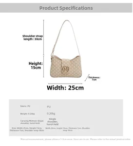 Detailed size chart for beige PU shoulder bag with letter M pattern and metal buckle