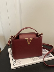 Sac À Main Femme Sac Bandoulière Cuir PU Grain Litchi Logo V Doré Élégant Minimaliste Mode Quotidienne