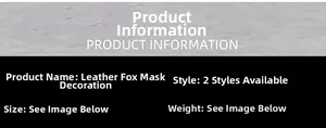 Detailed product specifications for leather fox cosplay masks showing sizing and styles