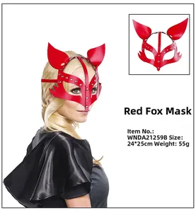 Detail of red leather fox mask for cosplay with metal rivets and size info 24x25cm