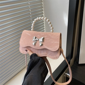 Women Trendy PU Leather Handbag With Artificial Pearl Handle Butterfly Bow Scalloped Edge Small Square Crossbody Shoulder Bag For Daily Party