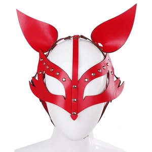 Red leather fox cosplay mask with metallic rivets on a white mannequin head display