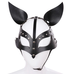 Detail of a black leather cat mask with silver rivets and buckle straps on a white bust