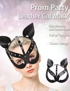 Détails du masque de chat en cuir PU noir avec rivets métalliques argentés et oreilles