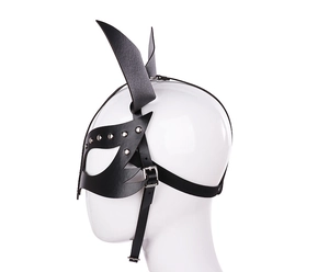 Detail of fox leather mask with silver studs and adjustable head straps for parties
