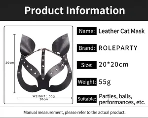 Dimensions détaillées du masque de chat en cuir PU noir avec rivets métalliques argentés