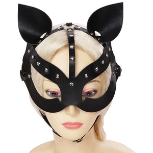 Masque de chat en cuir PU noir avec clous argentés et sangles réglables pour cosplay