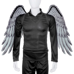Detailed front view of grey printed feather angel wings on a mannequin for Mardi Gras