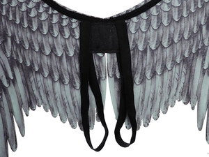 Detailed view of the black elastic straps on the feather-printed non-woven angel wings