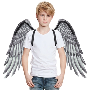 Detailed view of grey realistic feather angel wings with elastic shoulder straps