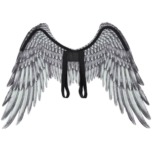 Detail of grey feather texture and black elastic straps on angel wings costume