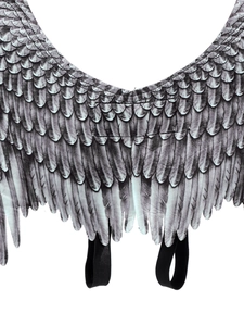 Detail view of realistic feather texture and durable black elastic straps on angel wings