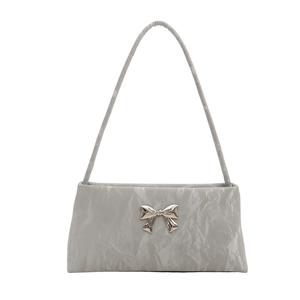 French style grey pleated shoulder bag featuring a chic silver metal bow decoration