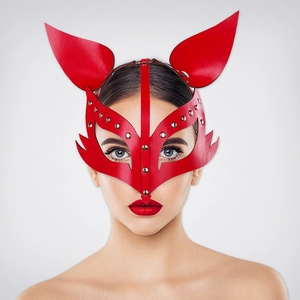 Red leather fox mask for cosplay with gothic metal rivets and sleek half-face design