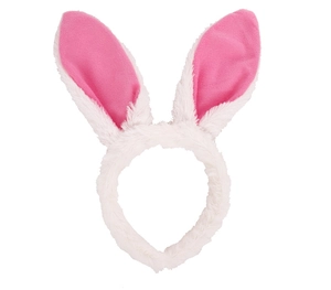 Detail of plush Easter bunny headband with soft white faux fur and pink inner ears