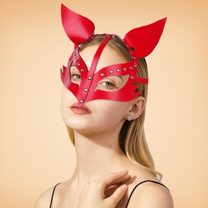 Red leather fox mask with silver rivets for cosplay party and festive masquerade