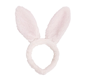 Close-up of soft plush pink rabbit ear headband with fluffy texture on white background