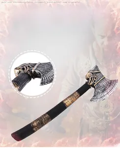 Close-up of Viking PU foam axe prop showing realistic weathered metal texture and handle