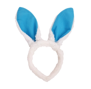 Detail of plush blue and white bunny ear headband for Easter party costume accessories