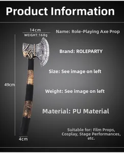 Realistic PU foam cosplay axe showing 49cm length and 168g weight dimensions