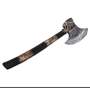 Detail of ancient Egyptian style cosplay axe featuring Horus hawk and wing patterns