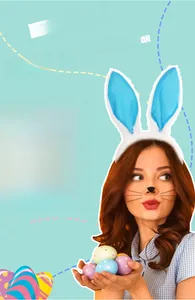 Close-up of Easter plush bunny headband with blue satin ears on female model