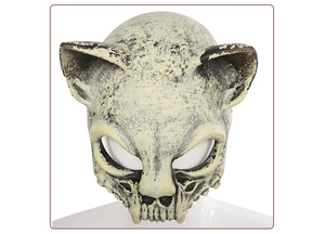 Nahaufnahme einer 3D-Katzen-Skelettmaske mit antikem Knochen-Finish und Fangzähnen