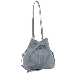 Light blue faux leather drawstring bucket bag with bow detail and slim shoulder strap