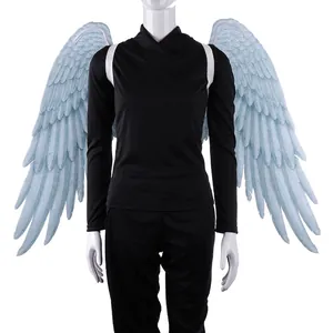 Light blue feathered angel wings costume accessory with white straps for Mardi Gras cosplay