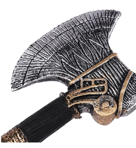 Close-up of realistic PU foam toy axe with antique silver blade and gold ornate detailing