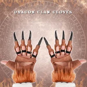 Cosplay dragon claw gloves with brown faux fur and long black curved talons for Halloween