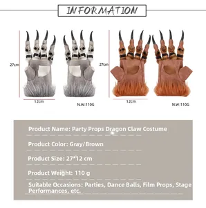 Detail view of dragon claw gloves featuring faux fur and resin talons for cosplay costume