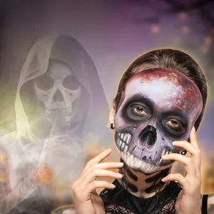 Detailed realistic EVA skeleton mask with bloodstains and smoke effect for Halloween parties