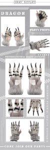 Detailed view of grey dragon claw gloves with plush faux fur and sharp black plastic nails