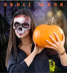 Realistic Halloween skull mask with bone texture worn by a model in a spooky scene