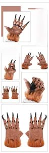 Detail of brown dragon claw cosplay gloves with black nails and faux fur wrist trim