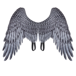 Black non-woven angel wings with realistic feather print and elastic straps for cosplay