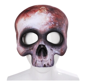 Close-up of EVA skull mask with realistic bloodstains and bone cracks for Halloween