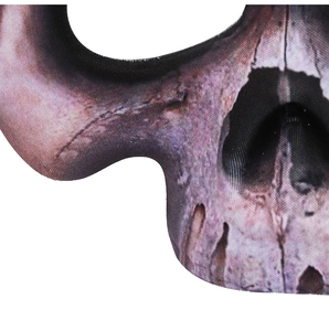 Macro shot of realistic skull bone texture and breathable fabric detail on Halloween mask