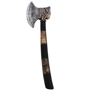 Retro PU foam cosplay axe with intricate gold engravings and realistic wood texture handle