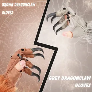 Dragon claw plush gloves for Halloween cosplay in brown and grey with sharp black talons