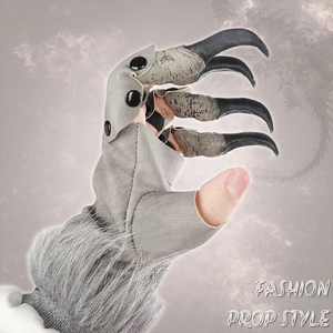 Halloween cosplay dragon claw gloves with grey faux fur and sharp black monster claws