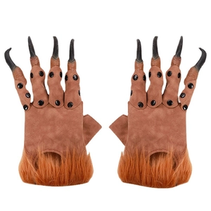 Brown monster claw gloves with orange faux fur and sharp black nails for Halloween cosplay