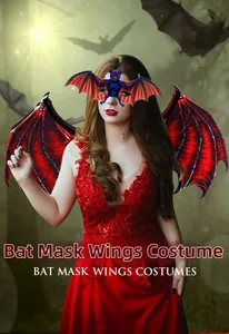 Close-up of the red and blue 3D bat mask and textured wings for Halloween cosplay