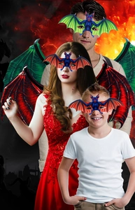 Detail view of carnival bat mask and wings set with red and green color variants