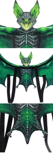 Detail of bat wings with neon green skeletal patterns and black elastic straps for cosplay