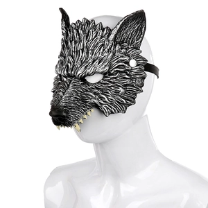 Detailed view of wolf mask with silver-black faux fur textures and elastic headband