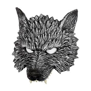 Close-up of realistic wolf mask with silver metallic finish and textured faux fur details