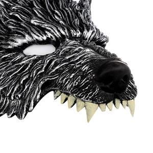 Detailed close-up of werewolf mask showing realistic silver wolf fur texture and sharp fangs