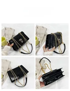 Detail view of black crocodile pattern chain bag with gold buckle and multi-layer interior